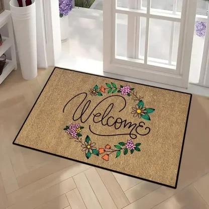 Floral Welcome Lettering Outdoor Rug